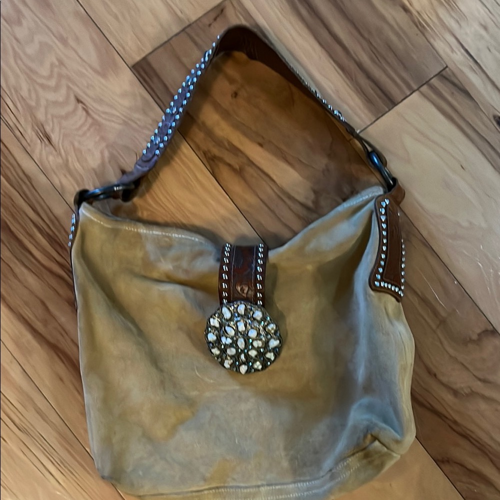 Studded Tan Suede Shoulder Bag